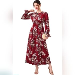 Red Floral Maxi Dress Formal Church Cottagecore Gypsy Bohemian Modest Large